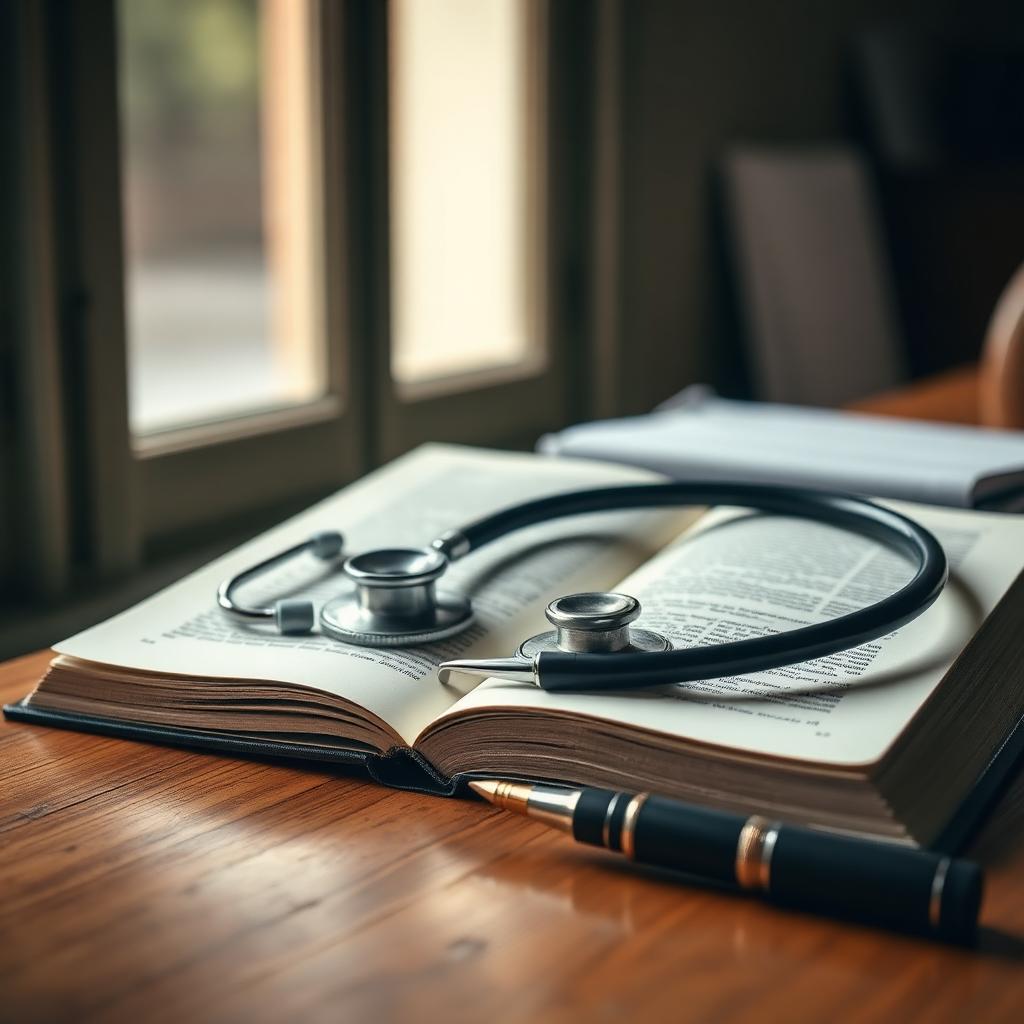 Stethoscope and medical textbook on an oak desk